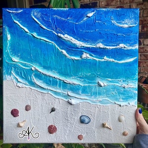 beach art canvas, plaster art, seashells, ocean art, original painting, wave, nursery decor, beach landscape, seaside, sand, wall art