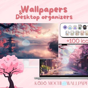 Puede incluir: Fondos de pantalla digitales y organizadores de escritorio rosas y blancos. La imagen muestra un monitor de ordenador y un portátil que muestran ilustraciones de temática japonesa, incluyendo flores de cerezo y templos. Incluye +100 iconos.