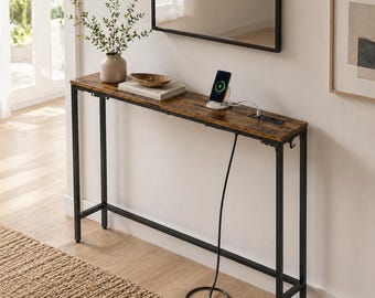 Slim Console Table with Charging Station, Narrow Sofa Table Outlets, Entryway Table with Ports, Behind Couch Table, Small Space Furniture