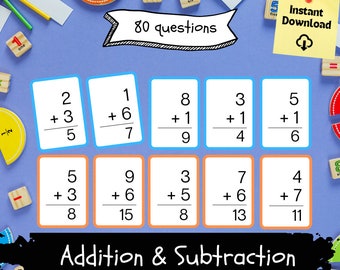 80 Addition FlashCards, Educational Learning Cards for Kids, Math Flashcards, Printable Math Activities, Printable PDF FlashCards