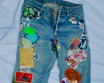 LIVRAISON GRATUITE - Vintage Redline Patchwork Levi Jeans des années 70 à collectionner, boutonné sur le devant