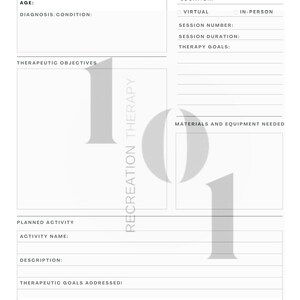 May include: A printable session planner for recreation therapy. The planner includes sections for session overview, therapeutic objectives, planned activity, and materials needed.