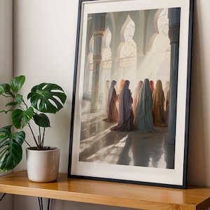 A group of Muslim women together in a white mosque, Islamic art, Muslim sisters praying together in a mosque, Islamic wall art, Sisters art