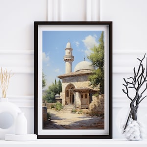 May include: A painting of a mosque with a minaret and a dome, surrounded by trees and a stone wall. The mosque is painted in shades of white and beige, with a blue sky in the background.