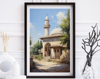 May include: A painting depicting a mosque with a minaret and a dome, surrounded by trees and a stone wall. The mosque is painted in shades of white and beige, with a blue sky in the background.