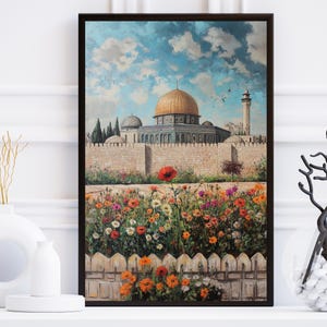 Al-Aqsa Mosque Wall Art | Sacred Mosque with Flowers| Poppy print, Dome of the rock wall art, Palestine, Al-Aqsa Mosque painting, Islam art