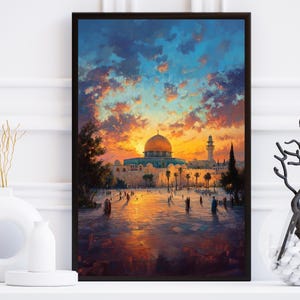 Impresión de arte mural de la puesta del sol sobre la Cúpula de la Roca, impresión de la Mezquita Sagrada Islámica / Hermosa puesta de sol sobre Al-Aqsa, arte mural de la mezquita de Al-aqsa