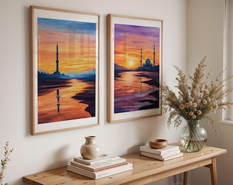 Set of 2 Mosque wall art prints, Mosque silhouette poster, Islamic Sunset Prints, Islamic Home Decor, painted mosque print