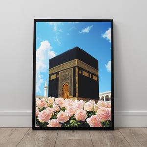 floral Kaaba Islamic wall art for Muslims, Mecca wall art with pink roses, Painted poster of Kaaba in Mecca, Umrah gift for muslims, Hajj
