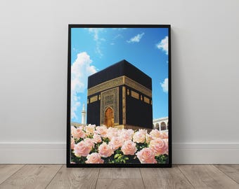 floral Kaaba Islamic wall art for Muslims, Mecca wall art with pink roses, Painted poster of Kaaba in Mecca, Umrah gift for muslims, Hajj