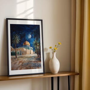 Al-Aqsa-Moschee & Felsendom Wandkunst | Islamischer Jerusalem Druck | Masjid al-Aqsa im Mondlicht Poster | Palästina Moschee Dekor