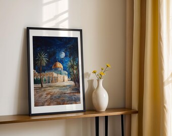 Al-Aqsa Mosque & Dome of the Rock Wall Art | Islamic Jerusalem Print | Moonlit Masjid al-Aqsa Poster | Palestine Mosque Decor