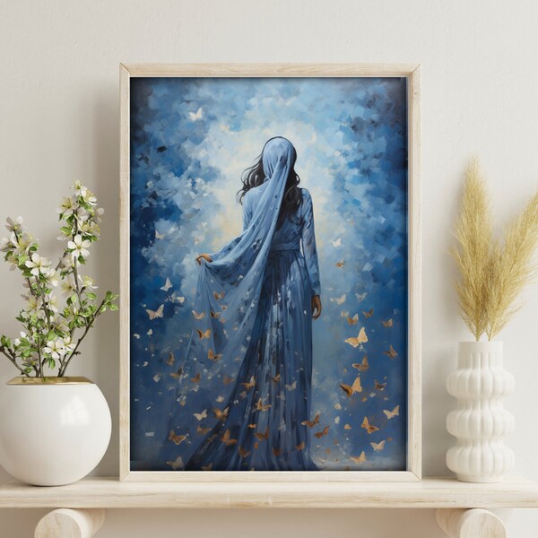 Muslim woman in a flowing blue abaya wall art, Islamic wall art, Muslim wall print, Butterfly wall Print, Female portrait, Blue Watercolor