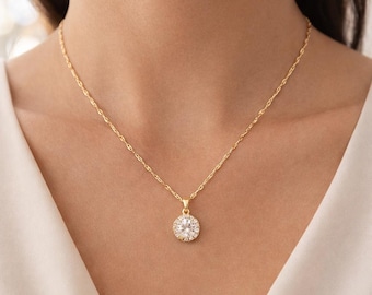 18K Gold Halo Zirkonia Halskette | Runder Funkel-Anhänger | Minimale zierliche Goldkette | Brautgeschenk, Alltagsschmuck