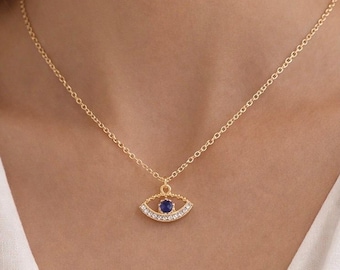 Gold Evil Eye Choker Necklace, Turkish Nazar Rhinestone Pendant, Gold Blue Eye, Dainty Protection Jewellery, Layering Necklace Gift for Her