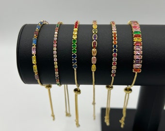 18K Gold Multi Coloured Tennis Bracelet, Friendship Bracelet, Various Designs