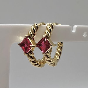 18K Gold Twisted Hoops, Cubic Zirconia Ruby Red Diamond, Waterproof, Tarnish Resistant, July Birthstone Earrings, Vintage Style Hoops