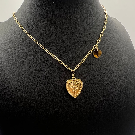 [Golden dew] 18K Gold☆Heart For You 3 necklace 18K Gold Heart Pendant Necklace, Rose Embossed Heart Pendant