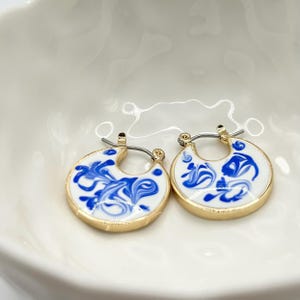 18K Gold Plated Blue Marble Hoop Earrings, Dainty White Enamel Hoops, Waterproof Minimalist Jewellery Gift for Her