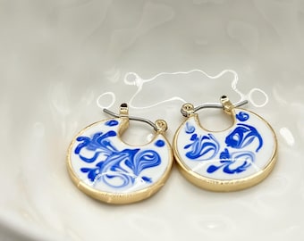 18K Gold Plated Blue Marble Hoop Earrings, Dainty White Enamel Hoops, Waterproof Minimalist Jewellery Gift for Her