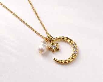 18K Gold Plated 925 Silver Moon & Star Necklace with Freshwater Pearl | Dainty Celestial Jewellery Gift