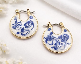 18K Gold Plated Blue Marble Hoop Earrings, Dainty White Enamel Hoops, Waterproof Minimalist Jewellery Gift for Her