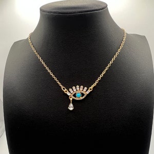 Turkish Eye Gold Dainty Pendant Choker Necklace, Gold Blue Stone Sparkling Turkish Eye Necklace With Tear Drop, Blue Evil Eye Necklace