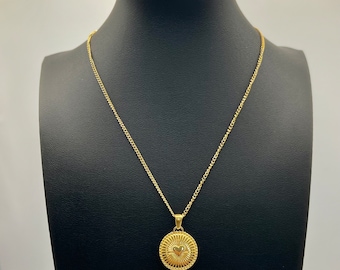 18K Gold Coin Necklace, Sunburst Sun Rays Heart Circle Necklace, Dainty Gold Waterproof Heart Rays Round Pendant, Gift for Her