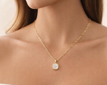 Colar de elos em ouro 18K: Pingente de zircônia cúbica, Colar com pingente quadrado em ouro, Berloque de zircônia cúbica, Joia à prova d'água e resistente à oxidação, Design minimalista