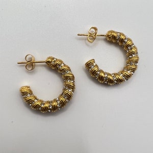 18K Gold Patterned Half Hoop Studs, Gold Twisted Hoops, Cubic Zirconia Textured Hoops, Waterproof Hoop Jewellery, Tarnish Resistant Hoops