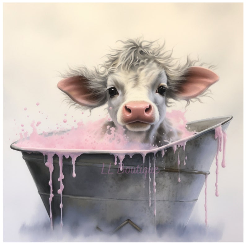 Cute Watercolor Baby Highland Cow in Bath, .PNG files, Cow Art, Bathroom Art, Wall Decor, Hyland Baby Cow Art, Bathroom Decor, Bath Art image 3