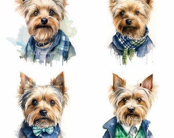4 Watercolor Male Yorkie Images, .PNG file, Dog Art,  Nursery Art, Wall Decor, Yorkshire Terrier image, Yorkie design, Yorkie Portrait
