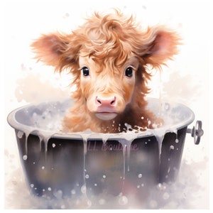 Cute Watercolor Baby Highland Cow in Bath, .PNG files, Cow Art, Bathroom Art, Wall Decor, Hyland Baby Cow Art, Bathroom Decor, Bath Art image 4
