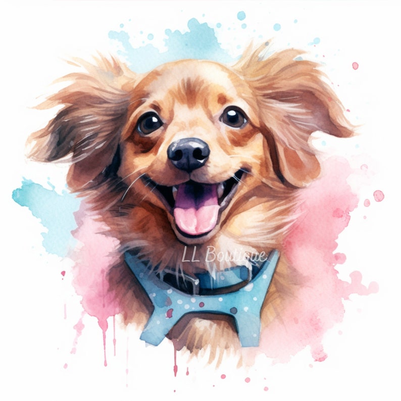 4 Watercolor Long Hair Chihuahua Dachshund Images, .PNG file, Dog Art, Nursery Art, Wall Decor, Chihuahua image, Dachshund Portrait 画像 4