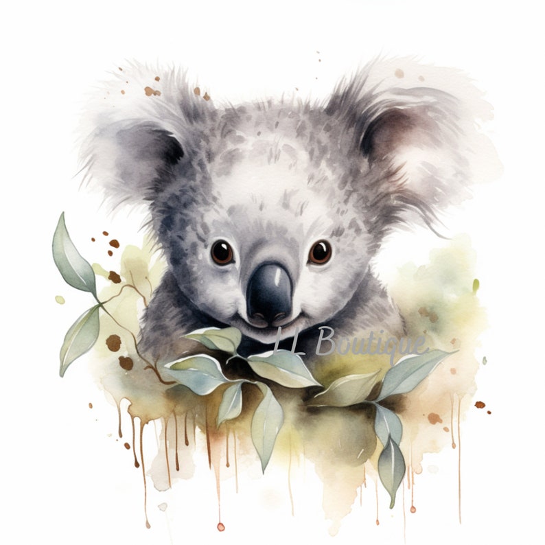 4 Watercolor Woodland Forest Koala Bear Images, .PNG file, Baby Room Art, Nursery Art, Woodland Forest Baby Animal image, Nursery Decor 画像 1