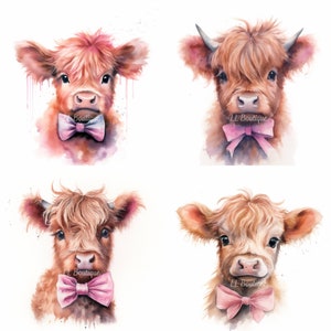 4 Watercolor Images Showing a Baby Highland Cow, .PNG file, Cow Art Decor for House, Nursery Art, Wall Decor, Baby Highland Cow, Cow Nursery 画像 2