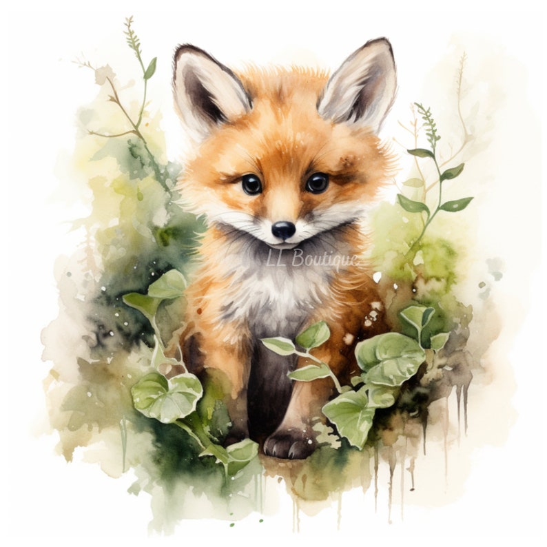4 Watercolor Woodland Forest Baby Fox Images, .PNG file, Baby Room Art, Nursery Art, Woodland Forest Baby Animal image, Nursery Decor image 2