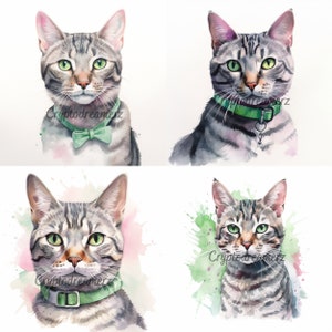8 Watercolor Cat Images Showing Adult and Baby Cat, .PNG file, Cat Art Decor for House, Nursery Art, Wall Decor, Grey Tabby