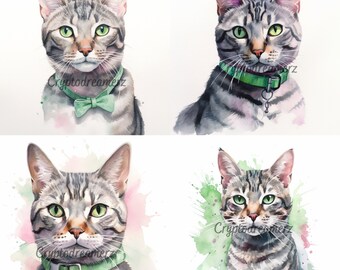 8 Watercolor Cat Images Showing Adult and Baby Cat, .PNG file, Cat Art Decor for House, Nursery Art, Wall Decor, Grey Tabby