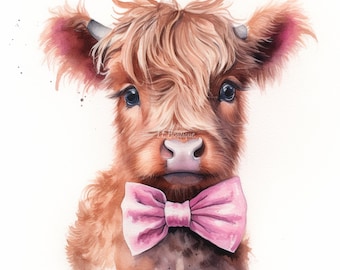 4 Watercolor Images Showing a Baby Highland Cow, .PNG file, Cow Art Decor for House, Nursery Art, Wall Decor, Baby Highland Cow, Cow Nursery