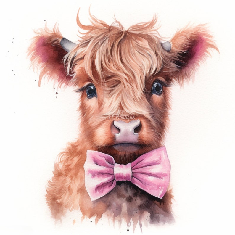 4 Watercolor Images Showing a Baby Highland Cow, .PNG file, Cow Art Decor for House, Nursery Art, Wall Decor, Baby Highland Cow, Cow Nursery 画像 1