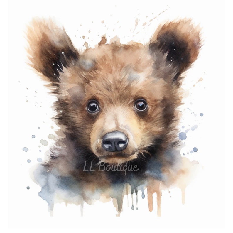 4 Watercolor Woodland Forest Baby Bear Images, .PNG file, Baby Room Art, Nursery Art, Woodland Forest Baby Bear, Nursery Decor, POD image 3
