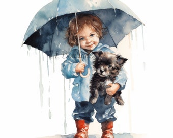 4 Watercolor Child in Rain with Umbrella Images, .PNG file, Dog Art,  Nursery Art, Wall Decor, Child's Bathroom Decor, Scrapbook image