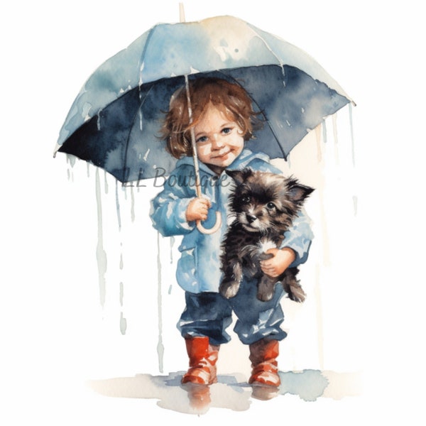 4 Watercolor Child in Rain with Umbrella Images, .PNG file, Dog Art,  Nursery Art, Wall Decor, Child's Bathroom Decor, Scrapbook image