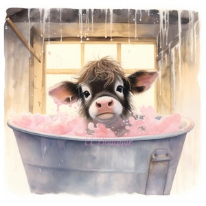 Cute Watercolor Baby Highland Cow in Bath, .PNG files, Cow Art, Bathroom Art, Wall Decor, Hyland Baby Cow Art, Bathroom Decor, Bath Art image 5