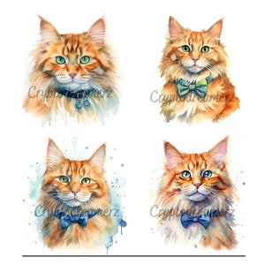 8 Watercolor Cat Images Showing Adult and Baby Cat, .PNG file, Cat Art Decor for House, Nursery Art, Wall Decor, Orange Tabby