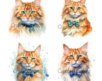 8 Watercolor Cat Images Showing Adult and Baby Cat, .PNG file, Cat Art Decor for House, Nursery Art, Wall Decor, Orange Tabby