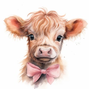 4 Watercolor Images Showing a Baby Highland Cow, .PNG file, Cow Art Decor for House, Nursery Art, Wall Decor, Baby Highland Cow, Cow Nursery 画像 5