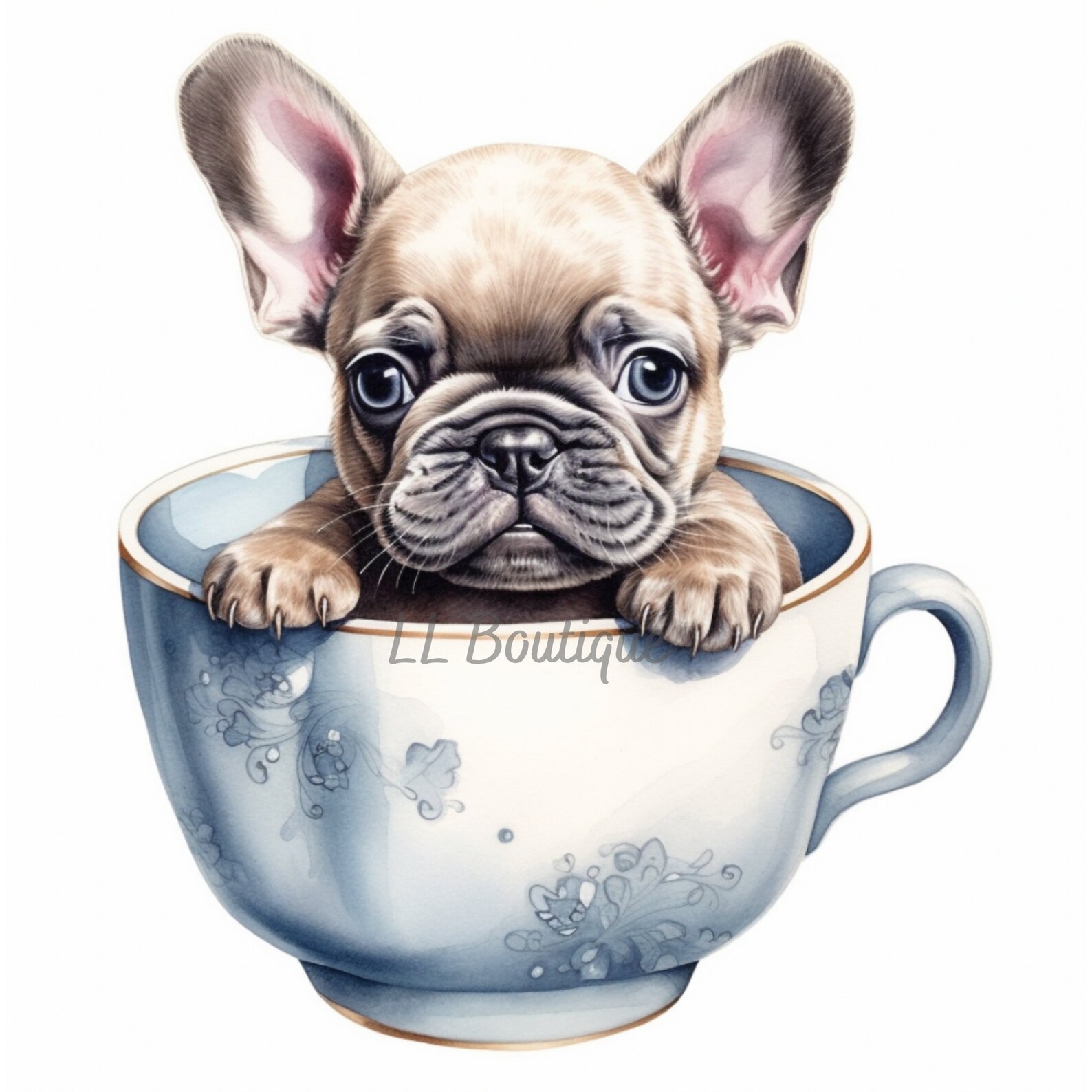Cute Watercolor French Bulldog Boy Puppy in Tea Cup, .PNG Files ...