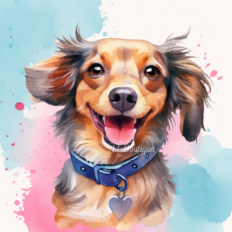 4 Watercolor Long Hair Chihuahua Dachshund Images, .PNG file, Dog Art, Nursery Art, Wall Decor, Chihuahua image, Dachshund Portrait 画像 1
